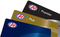 Stacked CAA basic, plus and premier membership cards.